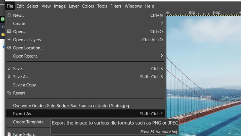 GIMP File Menu Export As