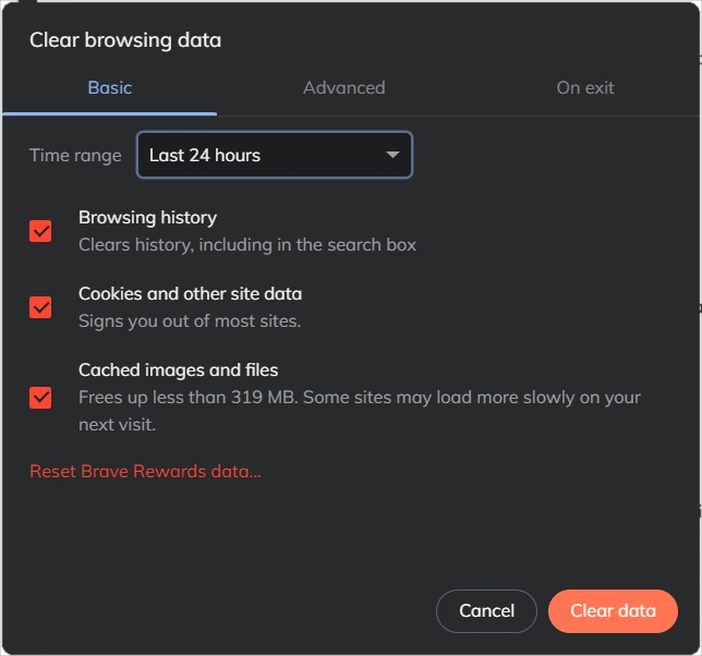 Brave clear browsing data dialog