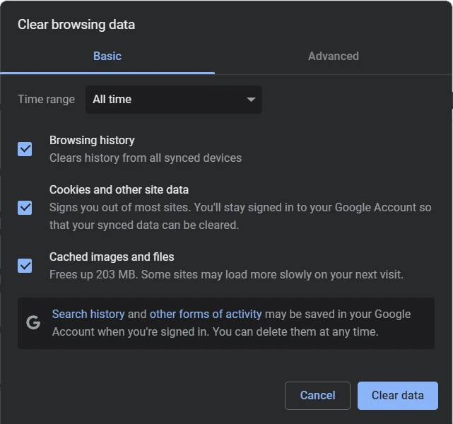 Google Chrome Clear browsing data dialog