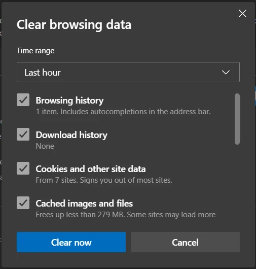 Microsoft Edge clear browsing data dialog
