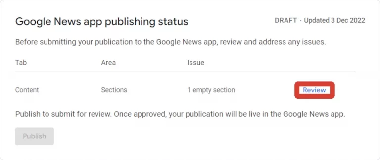 Step 9 - Google News app publishing status