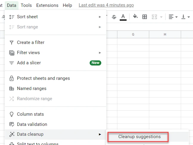 Spreadsheet Tricks To Improve Your Data > Google Sheets Data Cleanup Menu